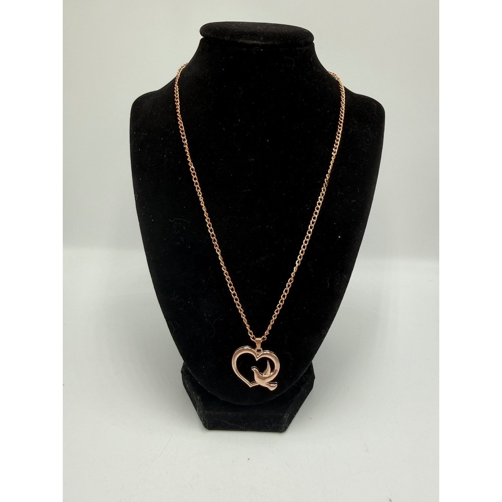 Rose Gold Tone Heart and Bird‎ Pendant Necklace 22 Inch Chain
